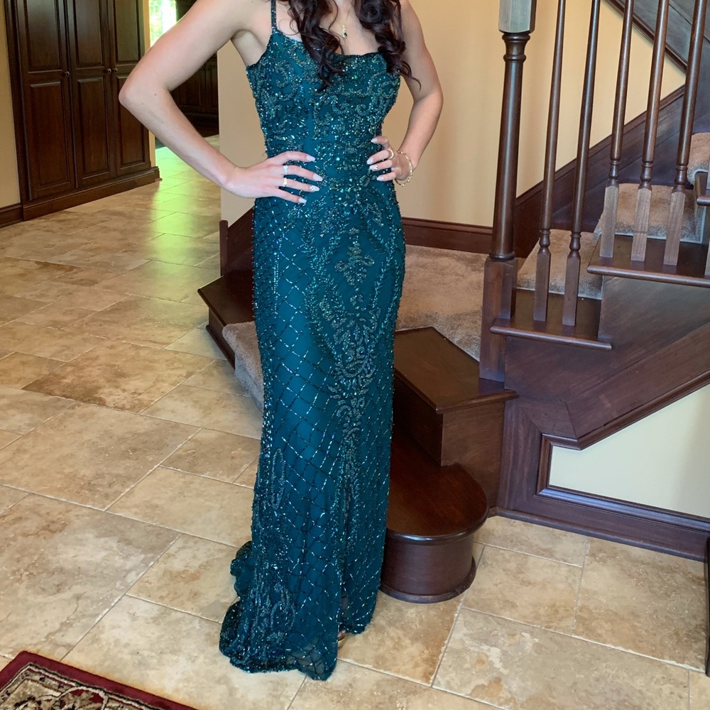 SHERRI HILL emerald green beaded prom dress